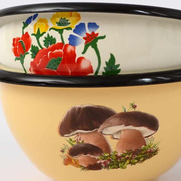 Kleine Emaille- Schüssel mit Blumen- und Fischdekor