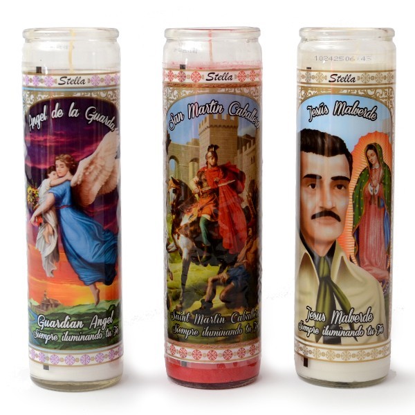 Candle in a glass with holy motifs from Mexico