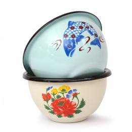 Kleine Emaille- Schüssel mit Blumen- und Fischdekor